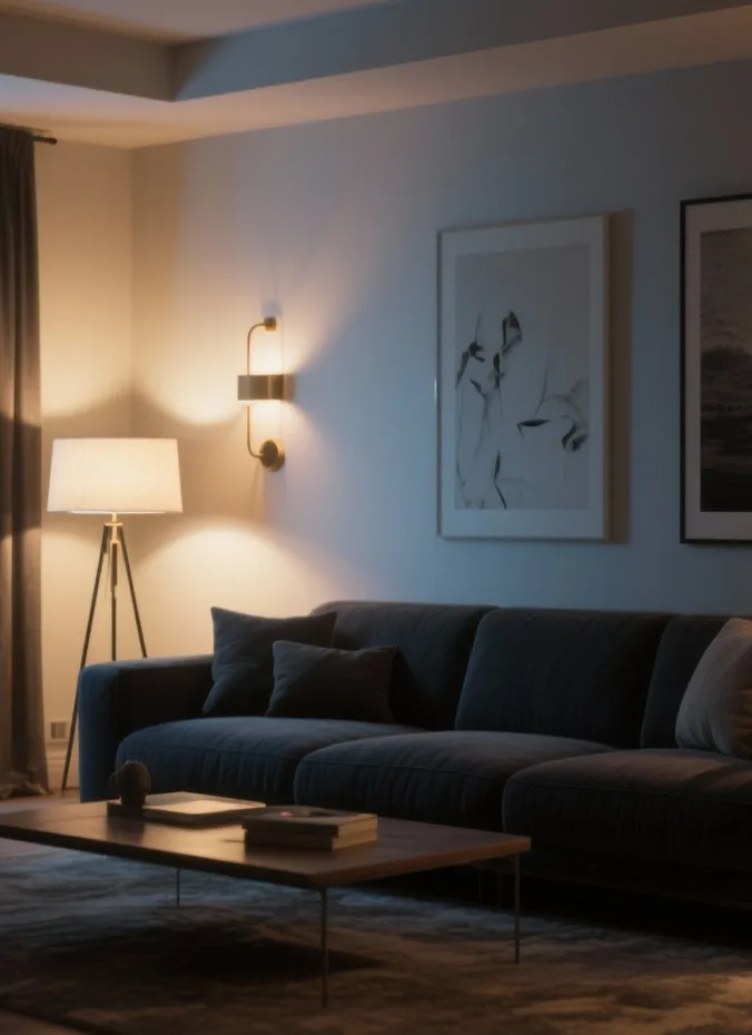 Warm glowing table lamps on side tables in a dark living room