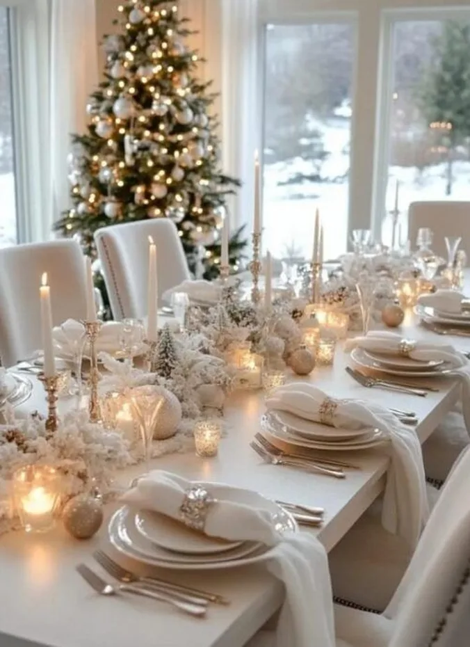 All white winter Christmas table setting with candles