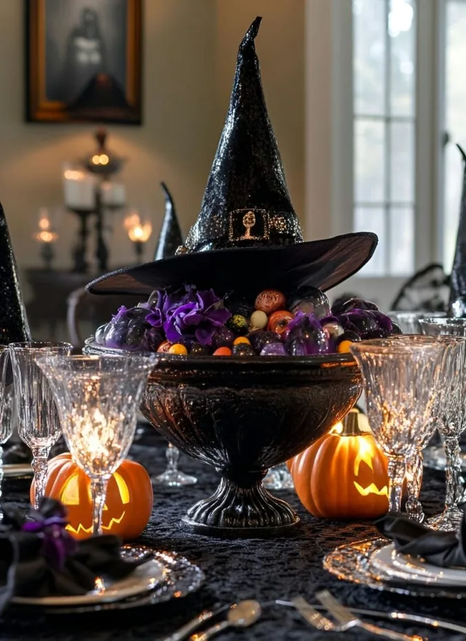 Black witch hat with bent tip displayed on a cake stand with tiny lights