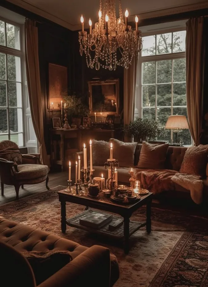 Cluster of lit candles on a coffee table in a moody living room