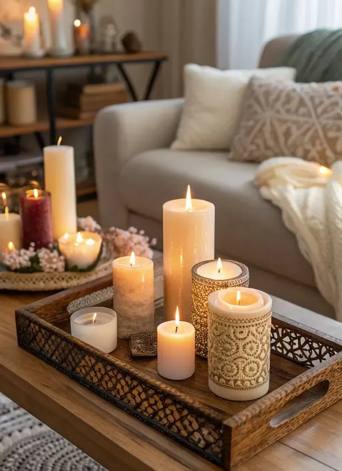 Group of lit candles arranged on a coffee table