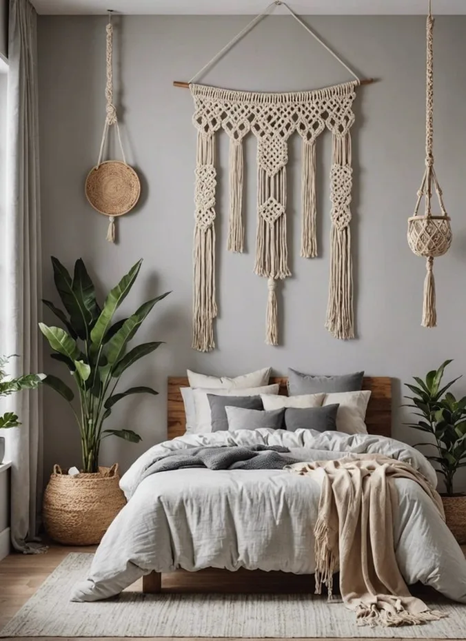 Large macrame wall hanging with knotted cotton texture above a bed
