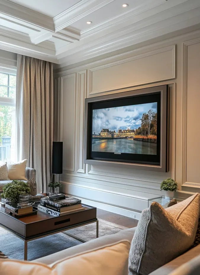 Television framed by elegant wall molding panels painted in a soft neutral color