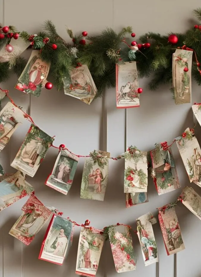 Vintage Christmas postcards with Santa and snowy scenes displayed on a mantel garland
