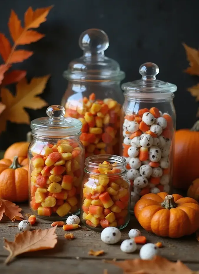 Glass apothecary jars filled with candy corn gummy worms and chocolates