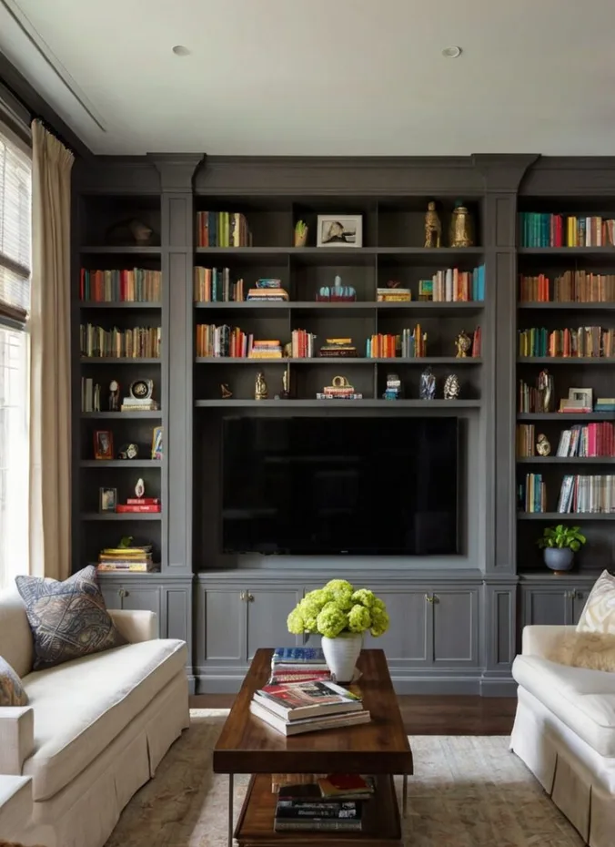 Tall bookshelves flanking a television with styled books baskets and decor objects