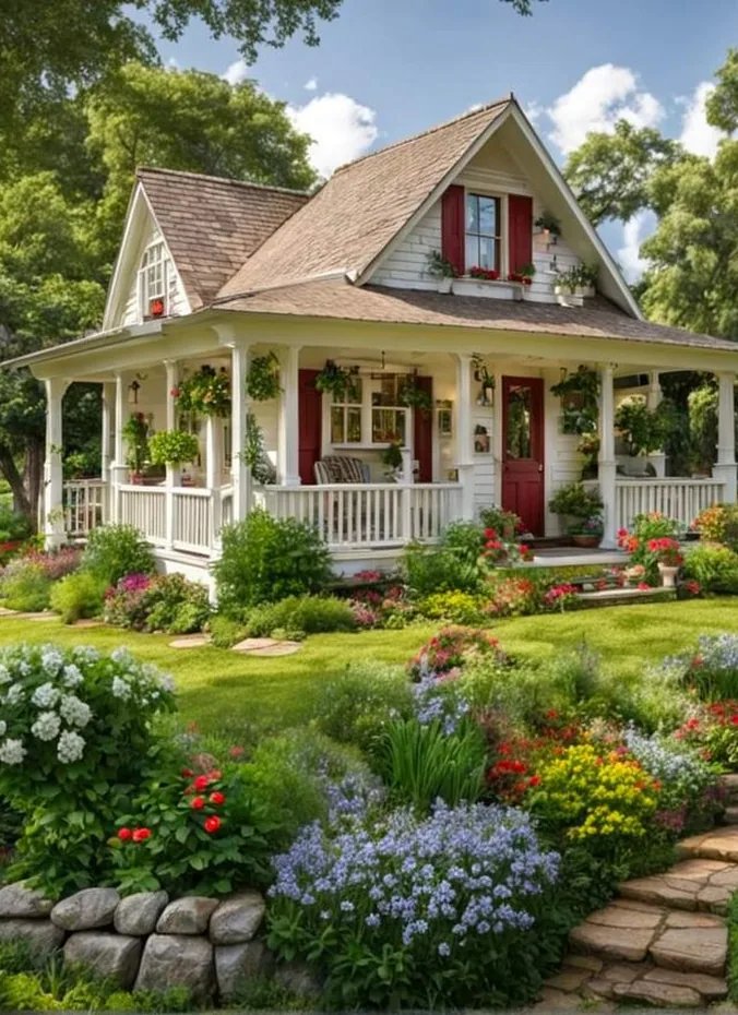 Cottage garden style flower bed full of mixed blooms