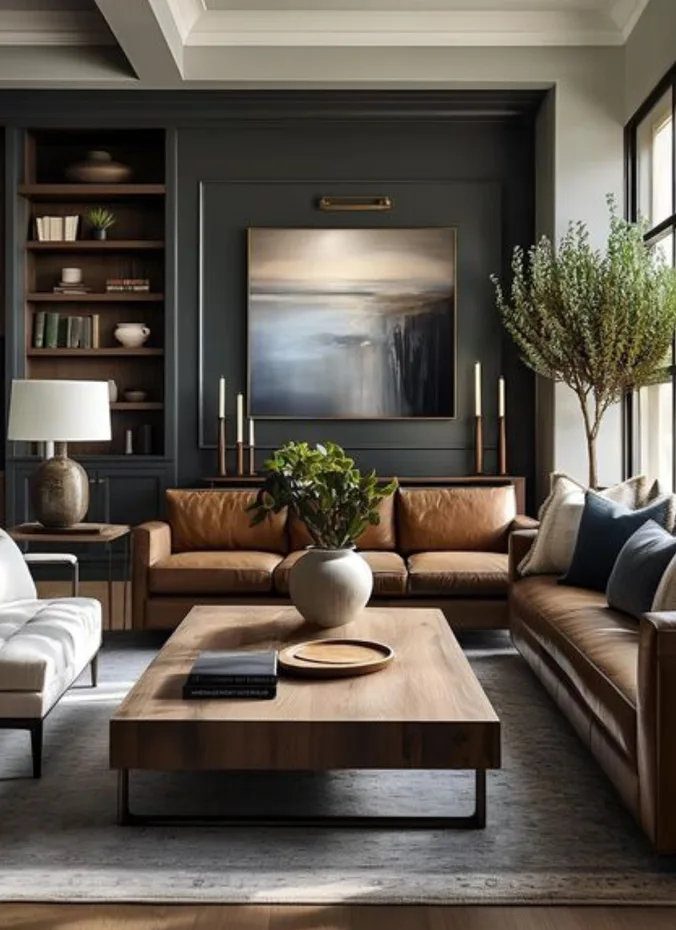 Dark wood coffee table styled in a moody living room