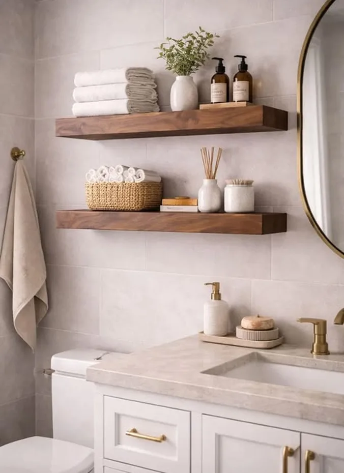 White picture ledge shelf above a toilet with small bottles and framed art