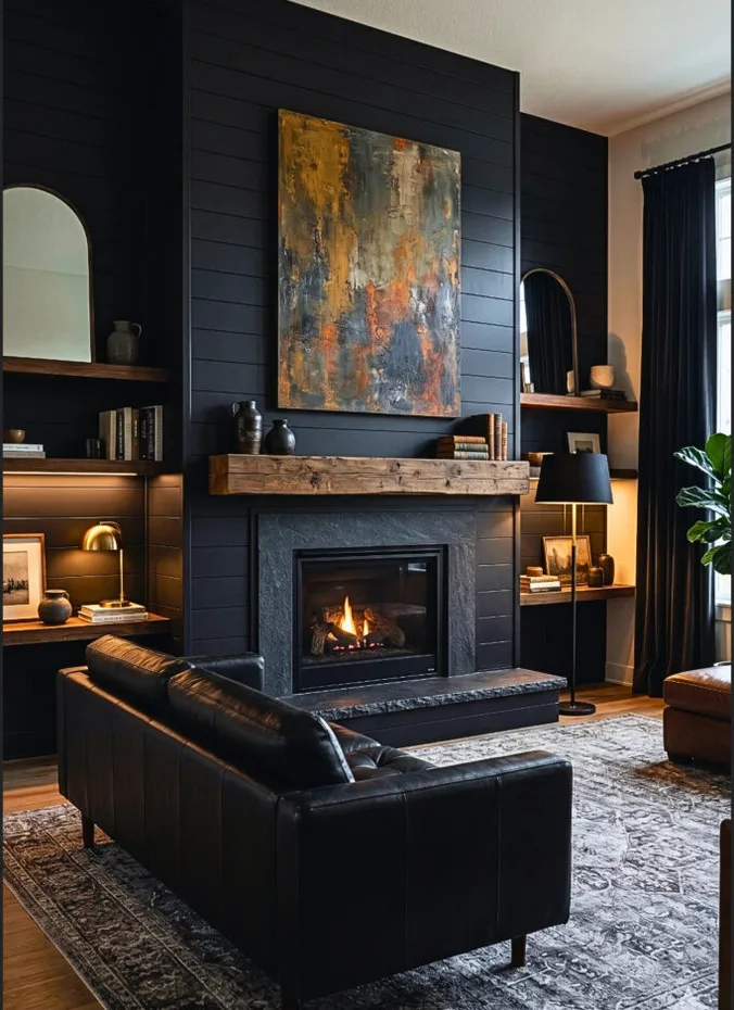 Black painted fireplace as a focal point in a moody living room