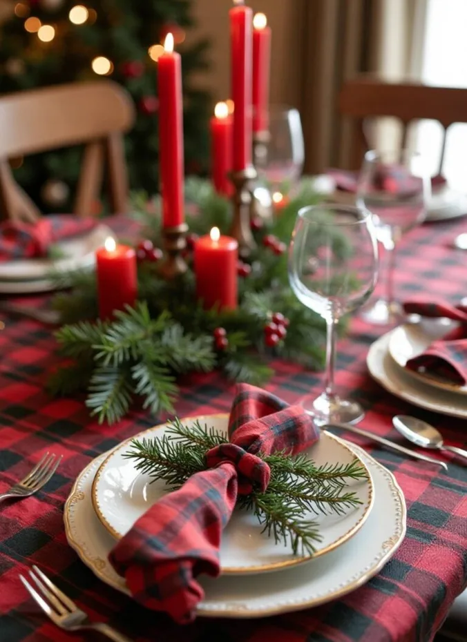 Plaid napkins folded on plates at a Christmas table