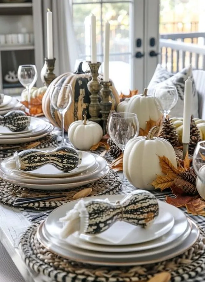 Stack of white pumpkins with eucalyptus sprigs on a dark tablecloth