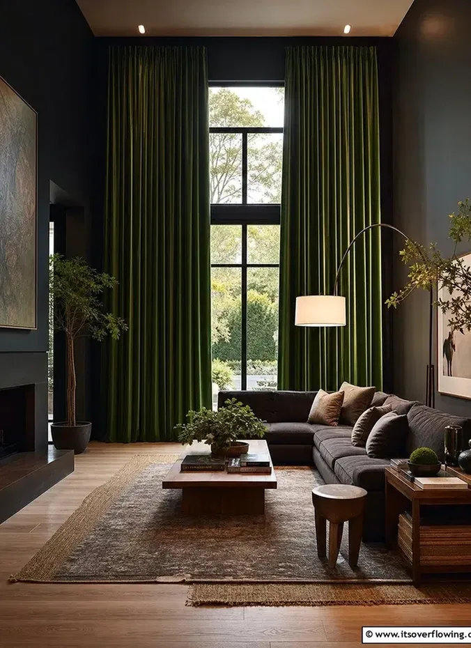 Dark floor to ceiling curtains in a moody living room