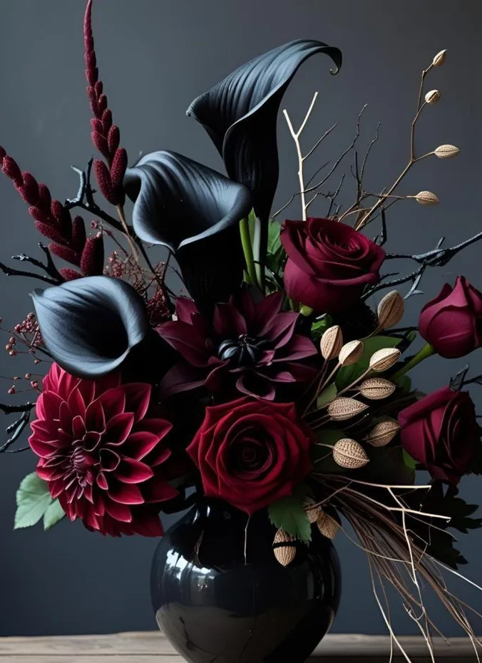 Dark red roses with dried thistles in a black vase