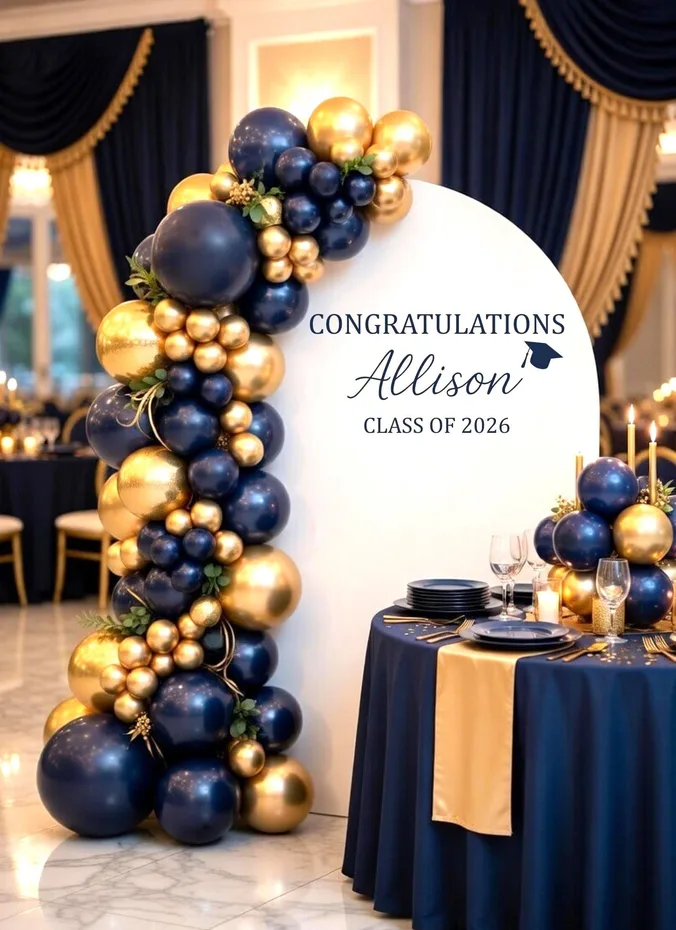 Full wall of balloons in school colors as a graduation party backdrop