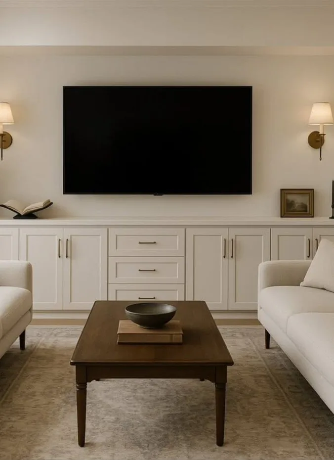 Television flanked by two glowing wall sconces in a warm living room