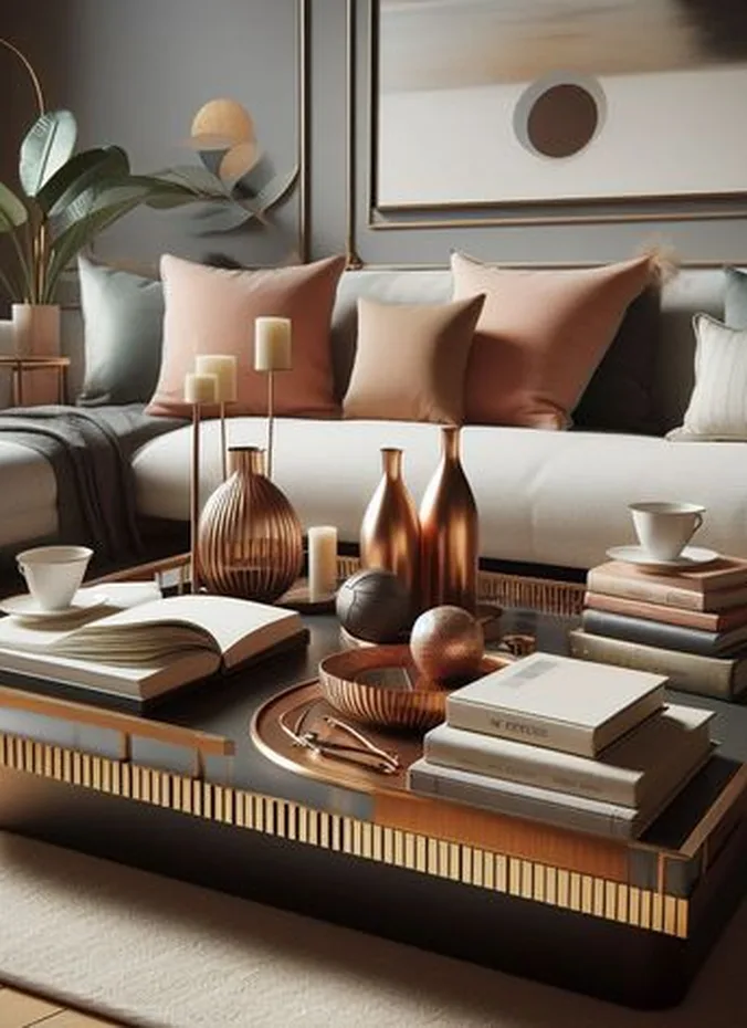 Brass candle holders and gold accents on a coffee table