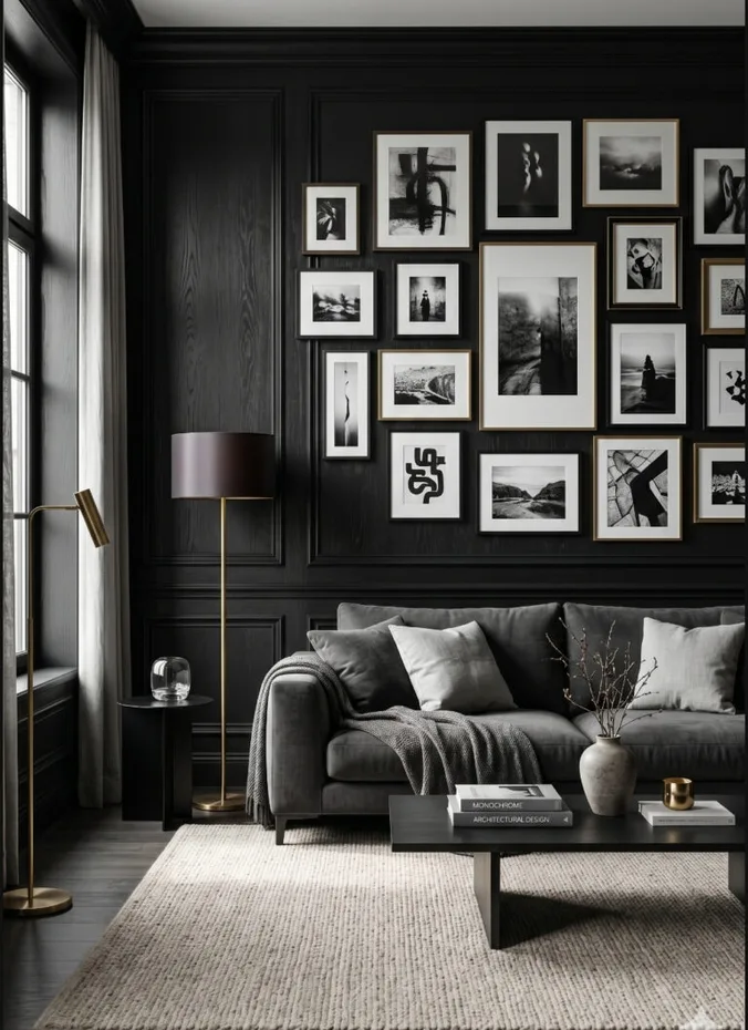 Gallery wall with dark frames and moody art in a living room
