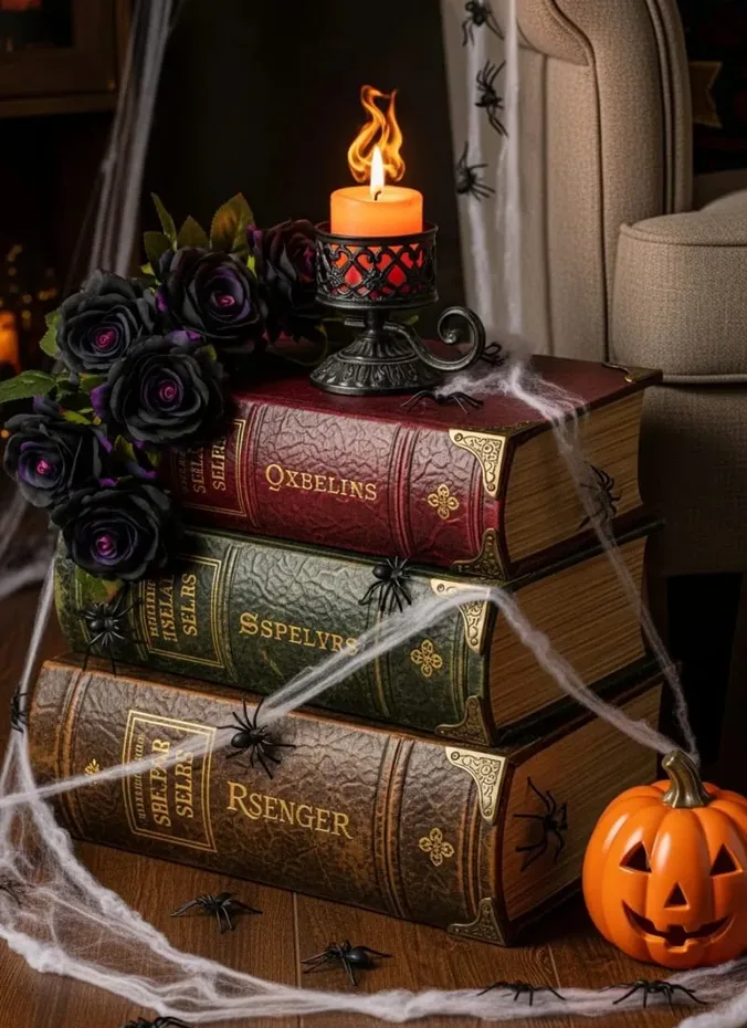 Stack of old hardcover books tied with twine topped with a candle