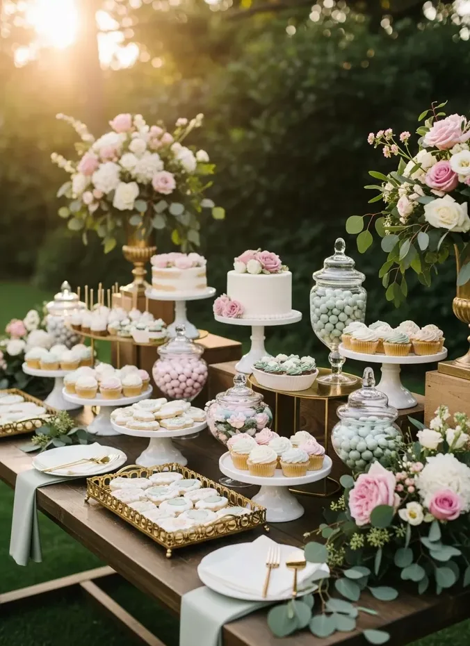 Styled dessert table with cakes and treats at a backyard wedding