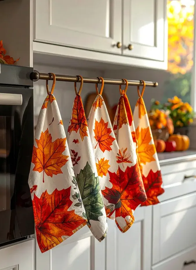 Kitchen with autumn colored hand towels and a wood cutting board on display