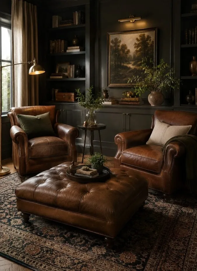 Cognac leather armchair in a dark moody living room