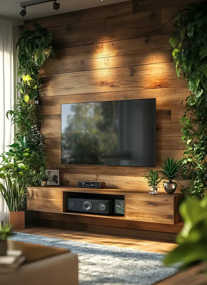 Lush green plants arranged around a television on a wooden stand