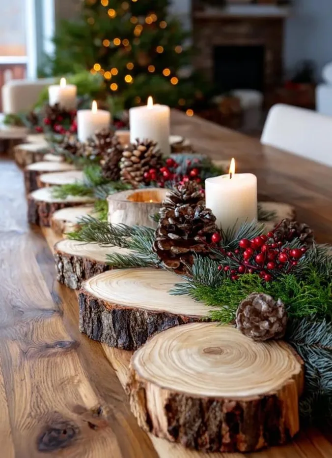 Wood slice chargers under plates on a farmhouse Christmas table