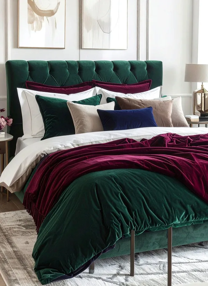 Bed layered with jewel tone throw pillows in sapphire ruby and amber