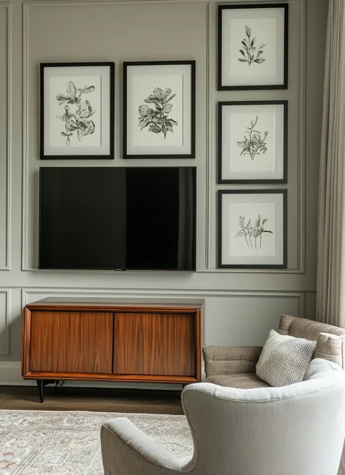 Television centered between two matching framed art prints on a living room wall