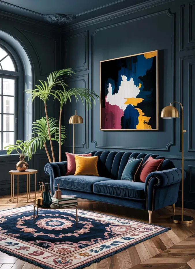 Dark patterned area rug anchoring a moody living room
