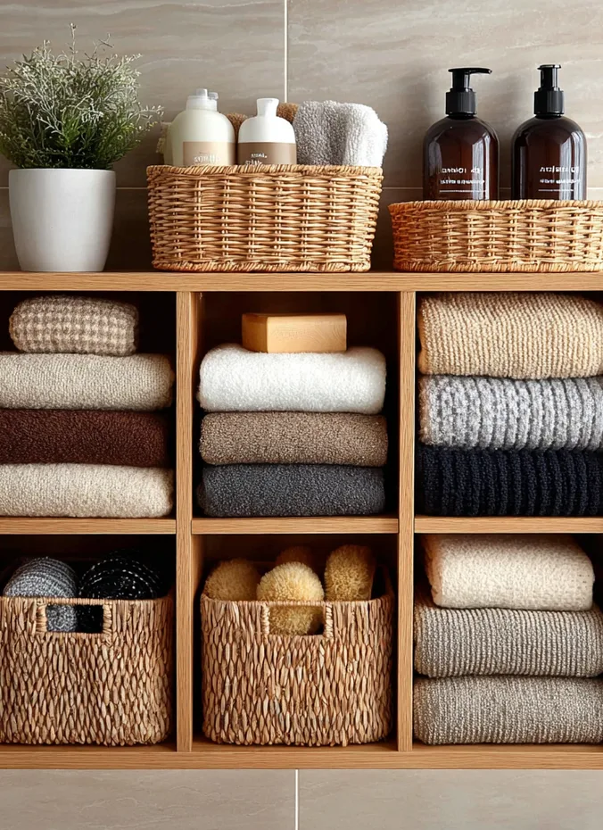Stacked white cube shelves with baskets beside a toilet