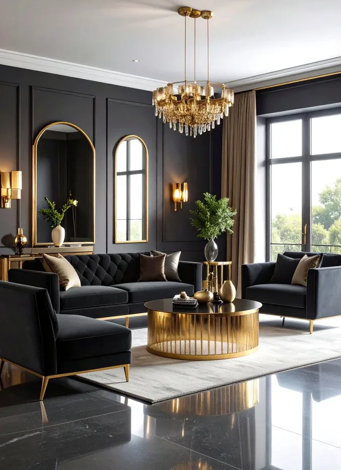 Brass and gold accents glowing in a dark living room