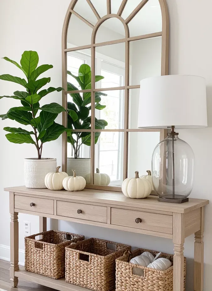 Entryway console table styled with a basket of gourds a small lamp and books