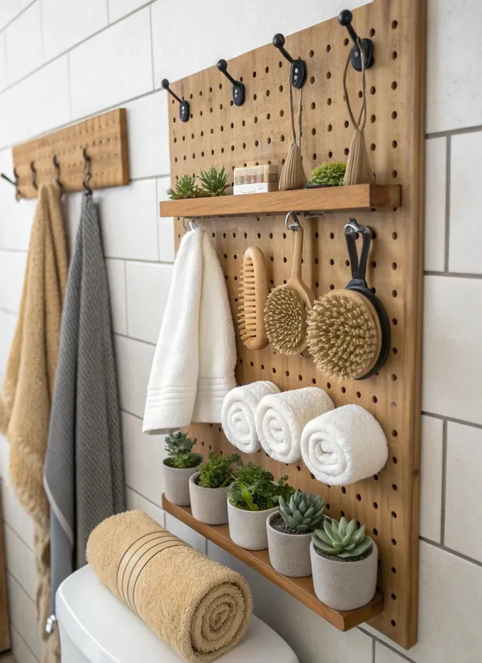Painted pegboard above a toilet with hooks baskets and small shelves