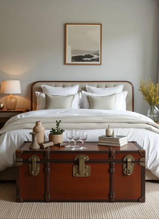 Vintage wood trunk used as a nightstand beside a dark boho bed