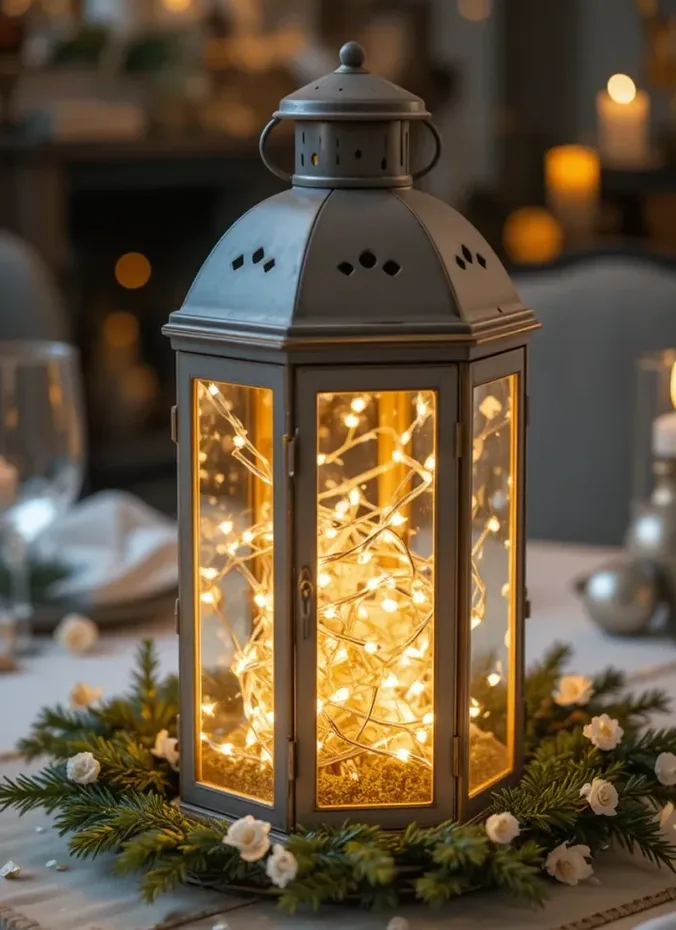 Antique metal lantern filled with warm fairy lights on a wooden table
