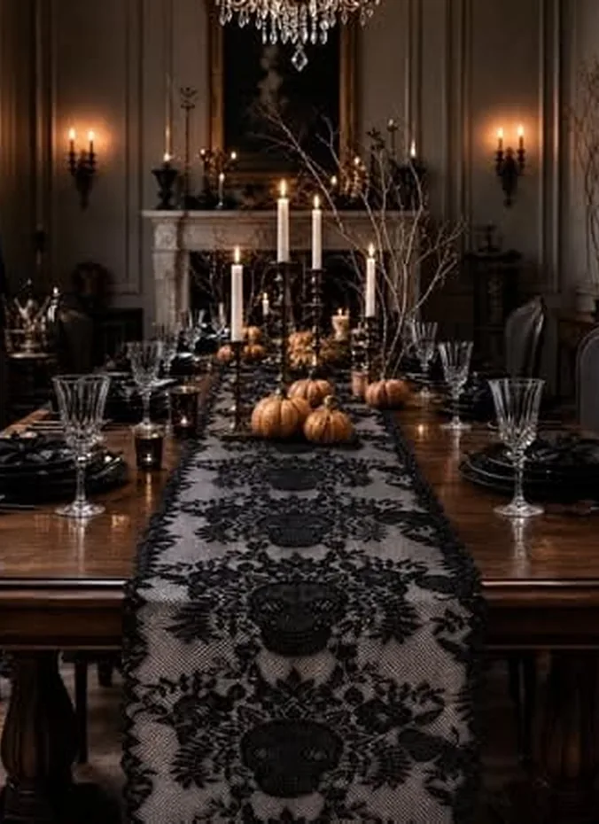 Black lace table runner with candles lined down the middle
