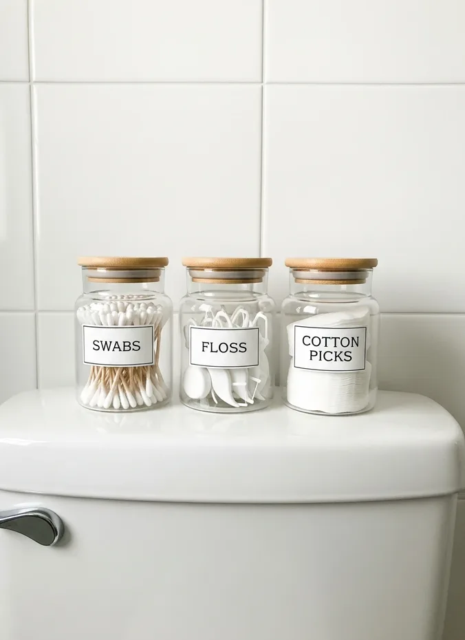 Glass canisters with bamboo lids lined up on a toilet tank