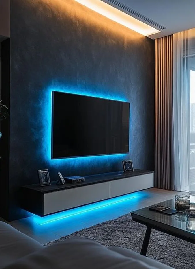 Television with warm LED backlight glow on the wall behind it in a dark room