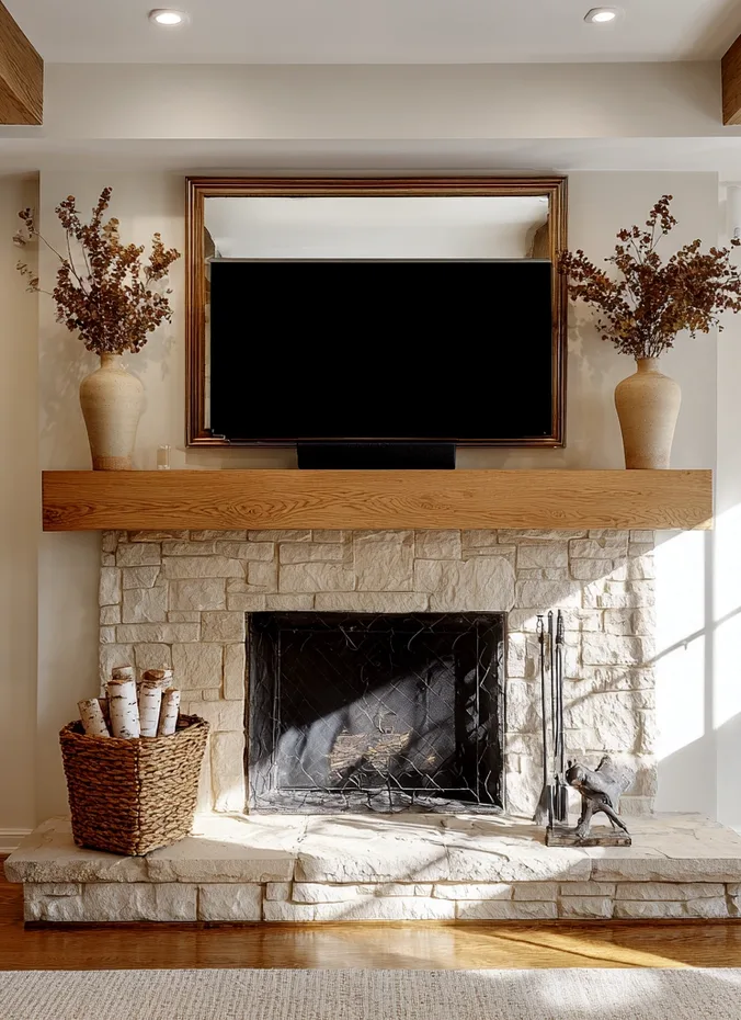 Television mounted above a styled fireplace mantel with vases and greenery