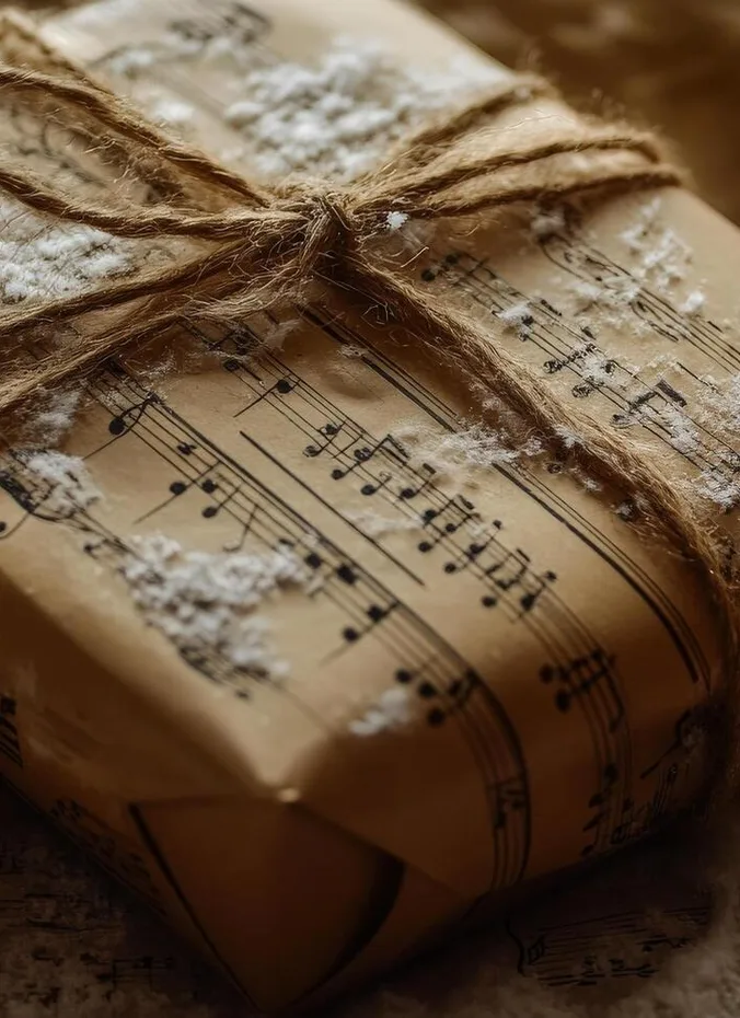 Vintage Christmas sheet music pages used as gift wrap with twine and pine sprigs
