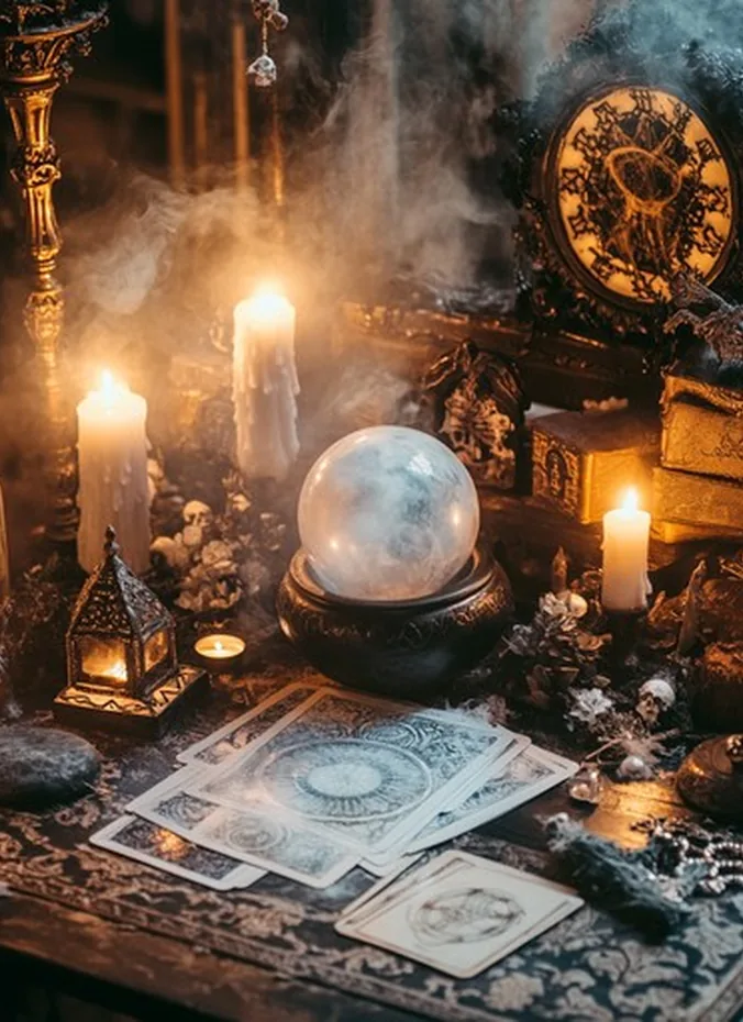 Crystal ball on a stand with tarot cards fanned around it