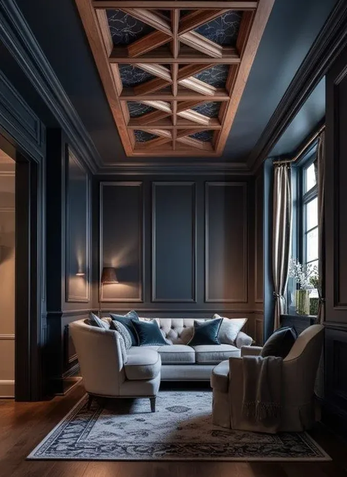 Dark painted ceiling in a moody living room interior