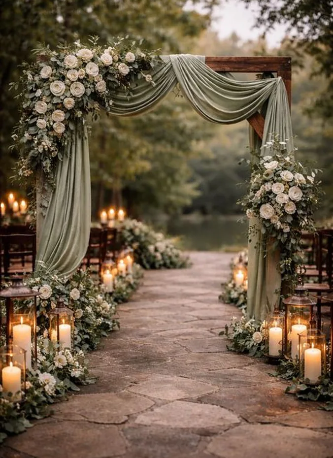Olive branches arranged in jars along the sides of a wedding aisle