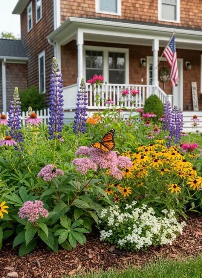 Pollinator friendly flower bed with butterflies