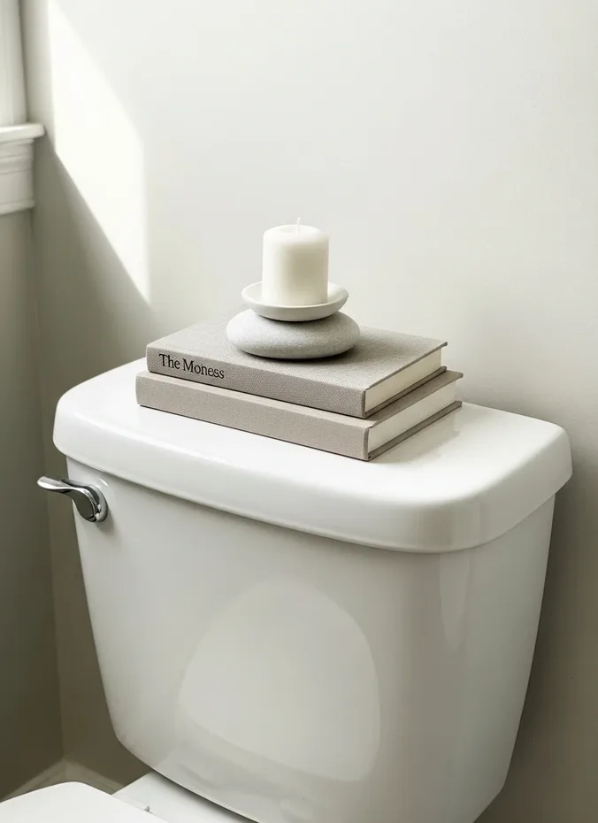 Small wire rack with magazines sitting on a toilet tank