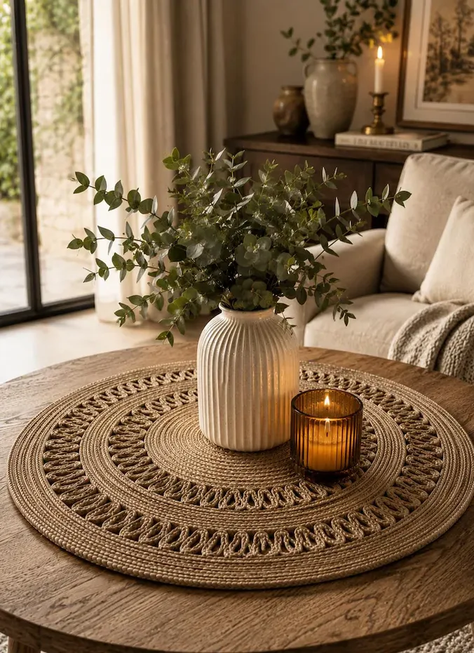Woven textile runner layered under coffee table decor