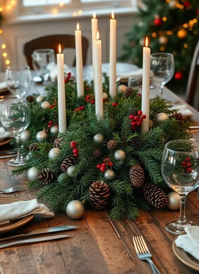 Evergreen wreath laid flat as a Christmas table centerpiece with candles