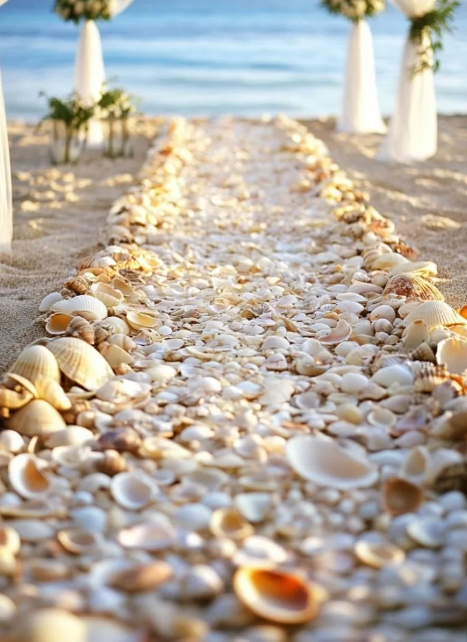 Seashells and coastal accents decorating the sides of a wedding aisle